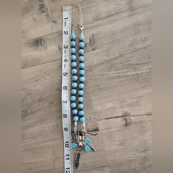 Ox Cow Skull Dangle Feathers Necklace Silver Blue/Black Beads Western Cowgirl - Picture 5 of 7